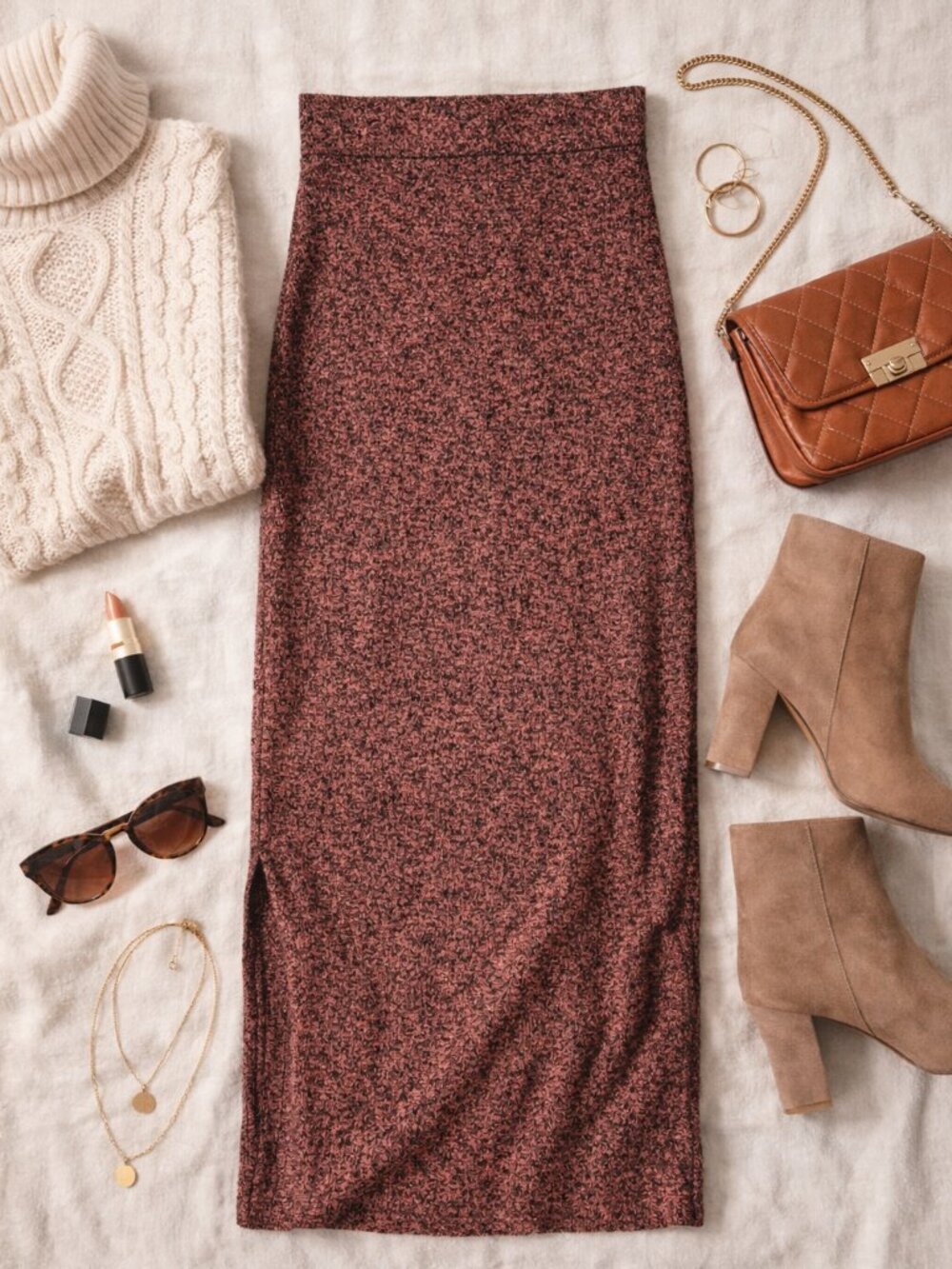 Black Bead Knit Midi Skirt | Size M-L | Rust Brown Bodycon Stretch Skirt